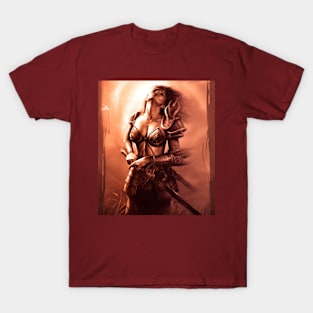 Fantasy Artwork - Warrior Woman in Sepia Tone T-Shirt